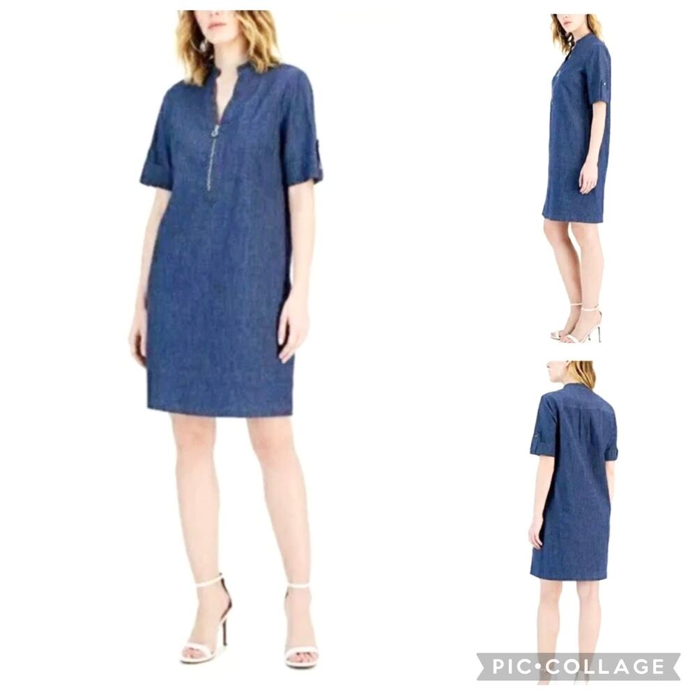 Anne Klein Denim Shift Half Zipper Tab Sleeves Shift Dress SZ 10 100% cotton
